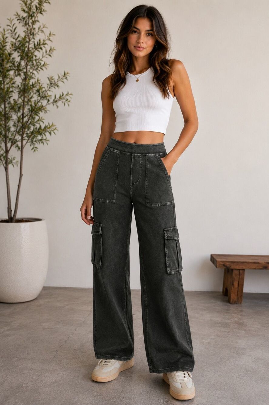 Halara Flex™ Mid Rise Pockets Straight Leg Casual Cargo Jeans Small Petite Hemp